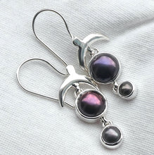 Load image into Gallery viewer, Freshwater Black Pearl Earrings  | 925 Sterling Silver | Large Round over smaller one | Fantastic iridescence | Topped by a soaring bird | Genuine Gems from Crystal Heart Melbourne Australia since 1986