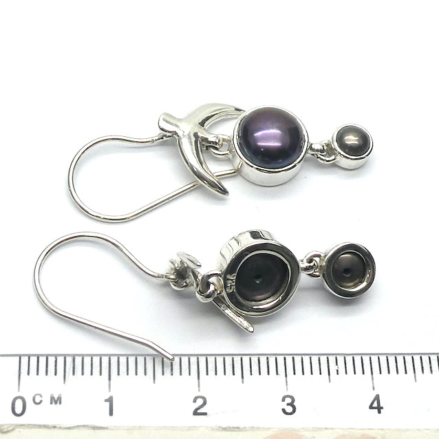  Freshwater Black Pearl Earrings  | 925 Sterling Silver | Large Round over smaller one | Fantastic iridescence | Topped by a soaring bird | Genuine Gems from Crystal Heart Melbourne Australia since 1986