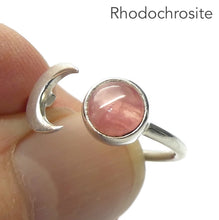 Load image into Gallery viewer, Rhodochrosite Ring | Clear Translucent Pink Stone | Besel Set with open back | 925 Sterling Silver | Crescent Moon Motif | US size 6 | Passionate Heart | Loving Dream realisation | Genuine Gems from Crystal Heart Australia since 1986
