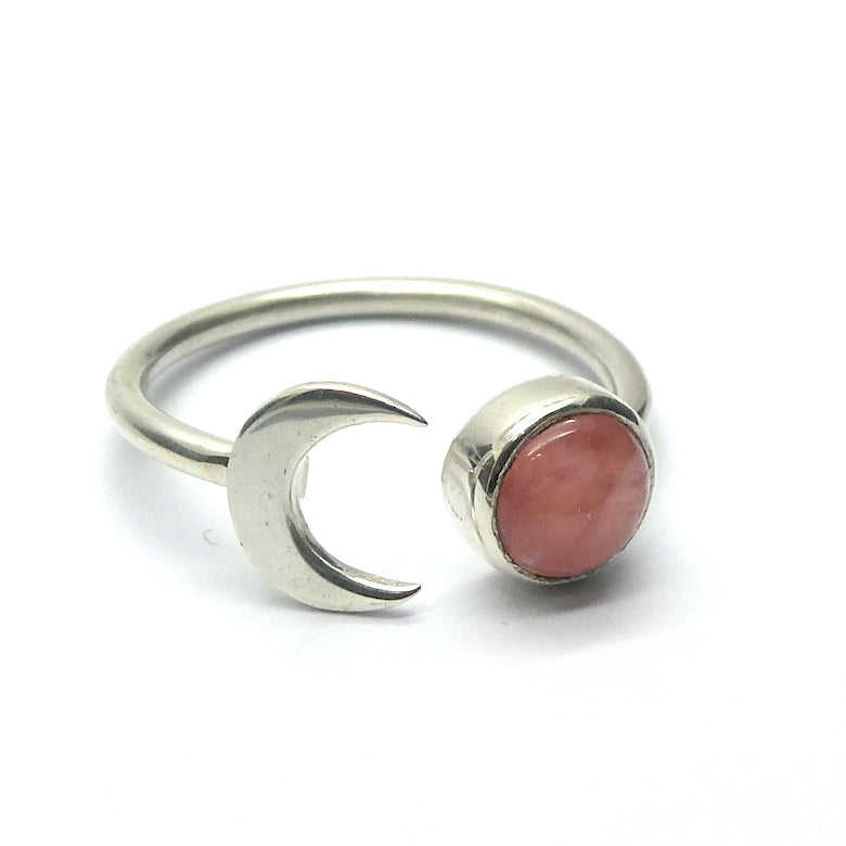 Rhodochrosite Ring | Clear Translucent Pink Stone | Besel Set with open back | 925 Sterling Silver | Crescent Moon Motif | US size 6 | Passionate Heart | Loving Dream realisation | Genuine Gems from Crystal Heart Australia since 1986