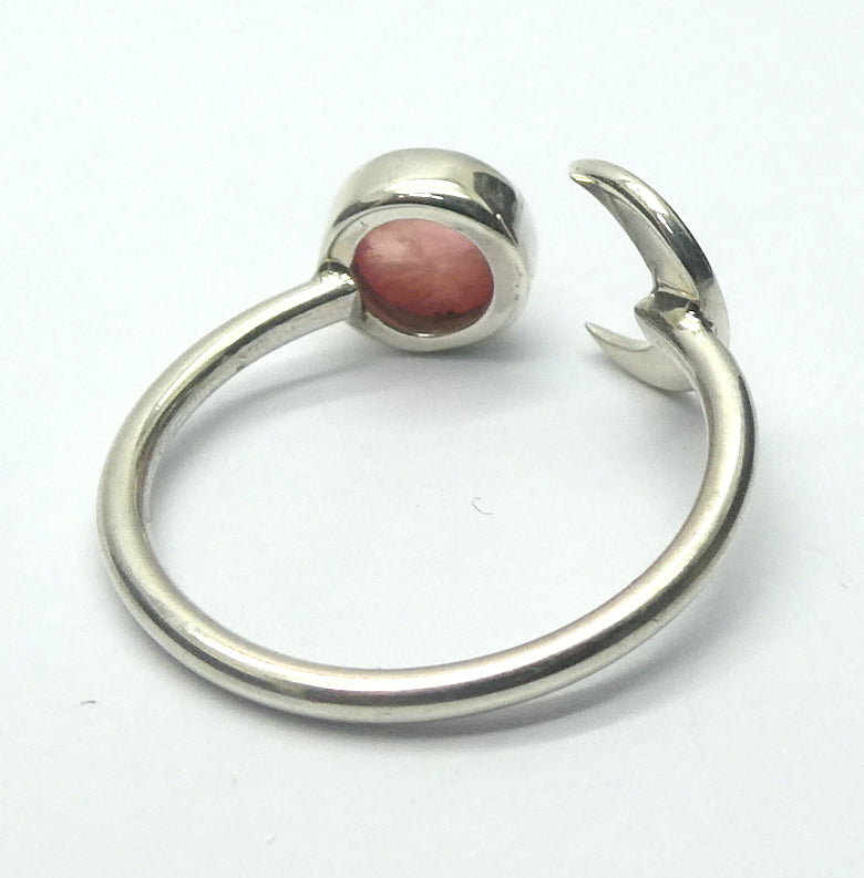 Rhodochrosite Ring | Clear Translucent Pink Stone | Besel Set with open back | 925 Sterling Silver | Crescent Moon Motif | US size 6 | Passionate Heart | Loving Dream realisation | Genuine Gems from Crystal Heart Australia since 1986