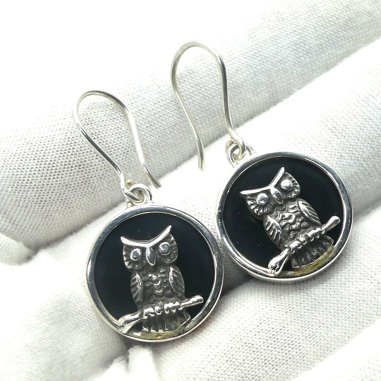 Silver Owl on Black Onyx Disc | Pendant | Earring | 925 Sterling Silver | Wisdom and Protection & Harmony | Crystal Heart Melbourne Australia since 1986