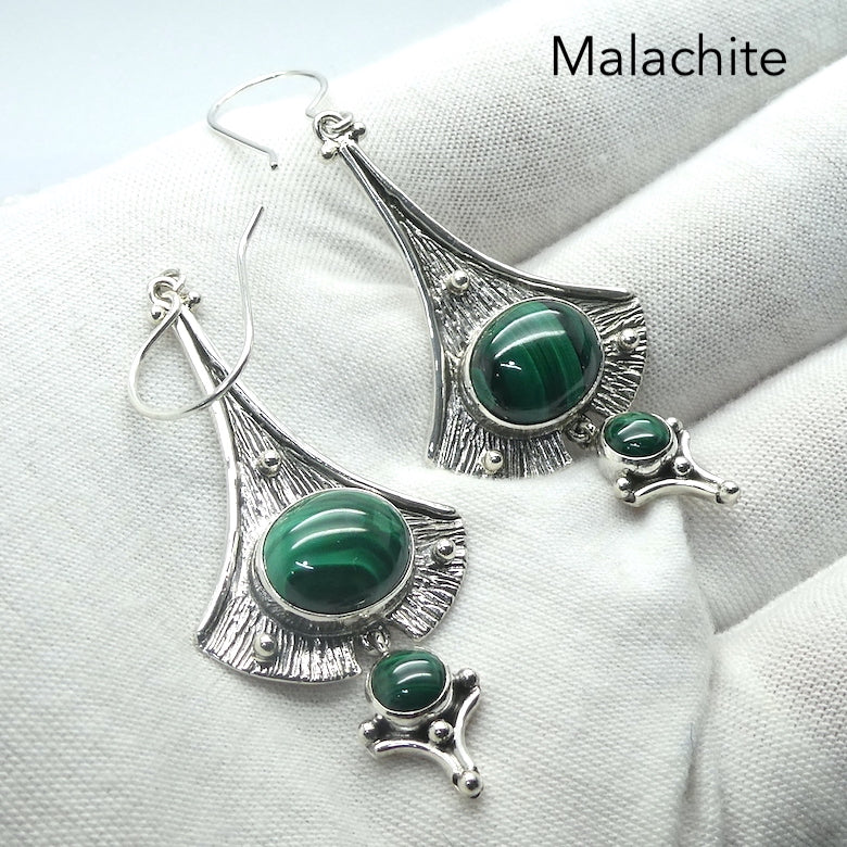 Malachite Earring | Oval Cabochon | 925 Sterling Silver | Quality Ethnic Style setting | Empower the Feminine Goddess | Detox | Empower | Capricorn Scorpio | Genuine Gems from Crystal Heart Melbourne Australia since 1986