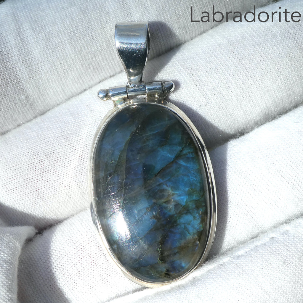 Labradorite Pendant | Nice Colour Flash | Large oval cabochon | Bezel Set with open back |  Genuine Gems from Crystal Heart Melbourne Australia since 1986