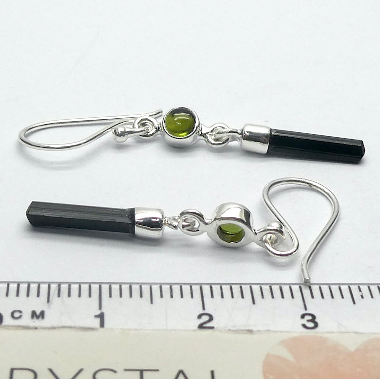 Raw Black Tourmaline Earring | Moldavite Cabochon | Clean Lines visible  | 925 Sterling Silver  | Powerful personal transformation | Empowers and unblocks the physical | protection from negative energies | Genuine Gems from Crystal Heart Melbourne Australia since 1986 