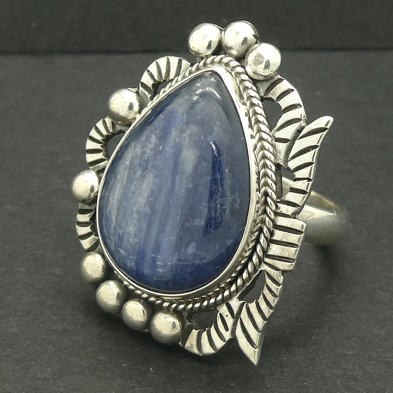 Blue Kyanite Ring | Teardrop Cabochon | 925 Sterling Silver | US Ring Size 7 | AUS Size N1/2  | Bezel set Bold Tribal Silver Design | Genuine Gems from Crystal Heart Melbourne Australia since 1986