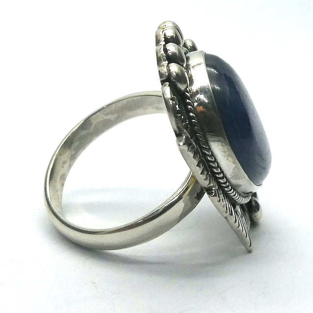 Blue Kyanite Ring | Teardrop Cabochon | 925 Sterling Silver | US Ring Size 7 | AUS Size N1/2  | Bezel set Bold Tribal Silver Design | Genuine Gems from Crystal Heart Melbourne Australia since 1986