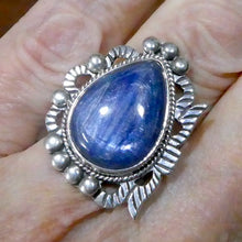Load image into Gallery viewer, Blue Kyanite Ring | Teardrop Cabochon | 925 Sterling Silver | US Ring Size 7 | AUS Size N1/2  | Bezel set Bold Tribal Silver Design | Genuine Gems from Crystal Heart Melbourne Australia since 1986