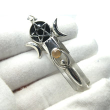 Load image into Gallery viewer, Pendant with Pentacle in Black Onyx Disc | Set over Clear Quartz with Goddess symbol holding Sunstone | Either side a waxing and a waning moon | 925 Sterling Silver | Wisdom Protection Harmony &amp; Power | Monthly Manifestation | Genuine Gems from Crystal Heart Melbourne Australia since 1986
