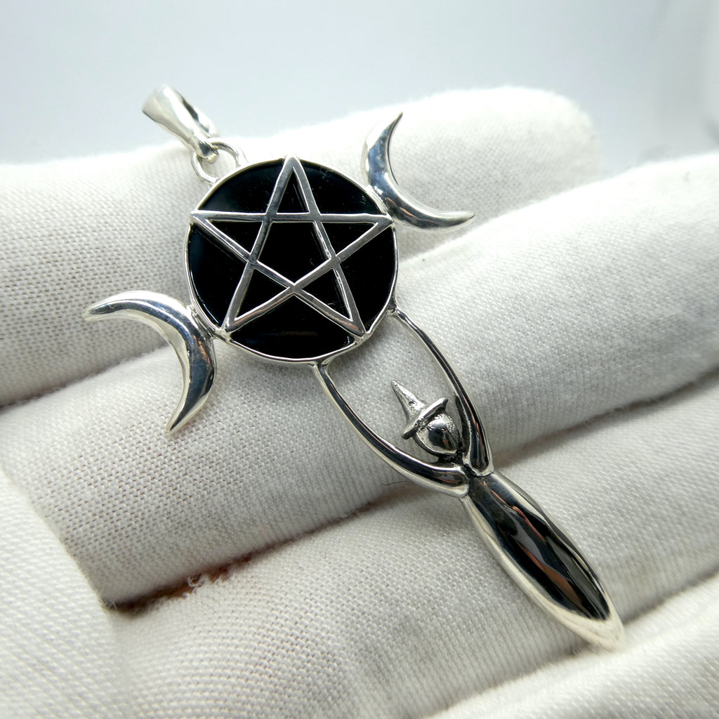 Pendant with Pentacle on Black Onyx Disc | Set over Goddess symbol hwearing a Withes Hat| Either side a waxing and a waning moon | 925 Sterling Silver | Wisdom Protection Harmony & Power | Monthly Manifestation | Genuine Gems from Crystal Heart Melbourne Australia since 1986