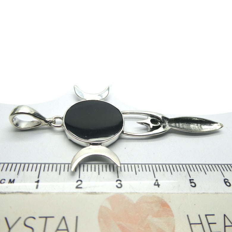 Pendant with Pentacle on Black Onyx Disc | Set over Goddess symbol hwearing a Withes Hat| Either side a waxing and a waning moon | 925 Sterling Silver | Wisdom Protection Harmony & Power | Monthly Manifestation | Genuine Gems from Crystal Heart Melbourne Australia since 1986