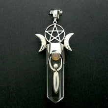 Load image into Gallery viewer, Pendant with Pentacle in Black Onyx Disc | Set over Clear Quartz with Goddess symbol holding Sunstone | Either side a waxing and a waning moon | 925 Sterling Silver | Wisdom Protection Harmony &amp; Power | Monthly Manifestation | Genuine Gems from Crystal Heart Melbourne Australia since 1986