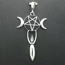 Load image into Gallery viewer, Pendant with Pentacle on Black Onyx Disc | Set over Goddess symbol hwearing a Withes Hat| Either side a waxing and a waning moon | 925 Sterling Silver | Wisdom Protection Harmony &amp; Power | Monthly Manifestation | Genuine Gems from Crystal Heart Melbourne Australia since 1986
