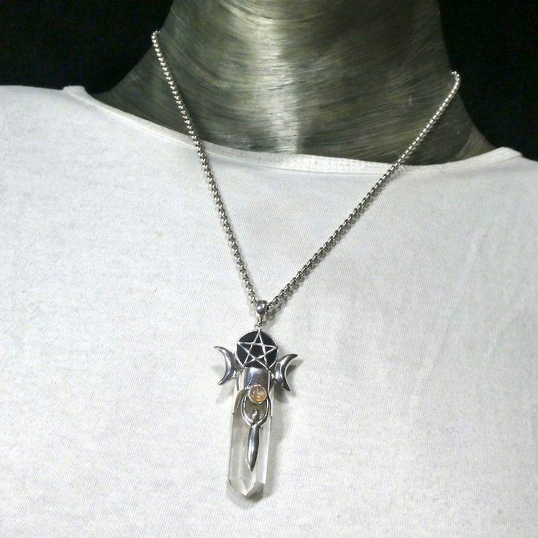 Pendant with Pentacle in Black Onyx Disc | Set over Clear Quartz with Goddess symbol holding Sunstone | Either side a waxing and a waning moon | 925 Sterling Silver | Wisdom Protection Harmony & Power | Monthly Manifestation | Genuine Gems from Crystal Heart Melbourne Australia since 1986