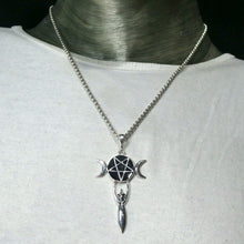 Load image into Gallery viewer, Pendant with Pentacle on Black Onyx Disc | Set over Goddess symbol hwearing a Withes Hat| Either side a waxing and a waning moon | 925 Sterling Silver | Wisdom Protection Harmony &amp; Power | Monthly Manifestation | Genuine Gems from Crystal Heart Melbourne Australia since 1986