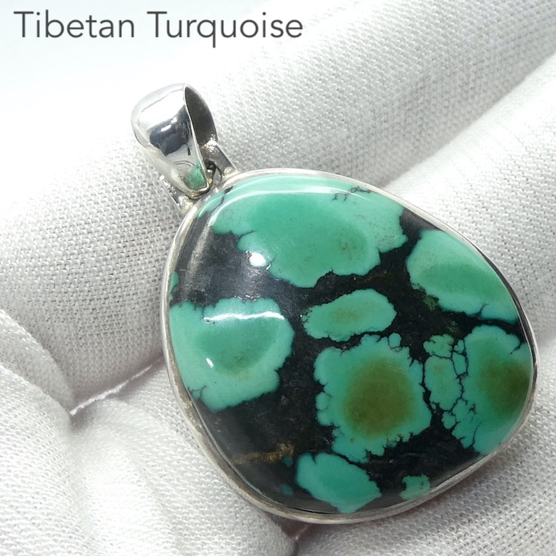 Tibetan Turquoise Pendant | 925 Sterling Silver | Oval Cabochon | Powerful Black veins | Sky Blue Gemstone with slight hint of Green | Sagittarius Scorpio Pisces | Genuine Gems from Crystal Heart Melbourne since 1986