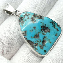 Load image into Gallery viewer, Turquoise Pendant | 925 Sterling Silver | Raw Triangular Nugget | Golden crystals of Pyrites | Arizona | Sagittarius Scorpio Pisces | Genuine Gems from Crystal Heart Melbourne since 1986
