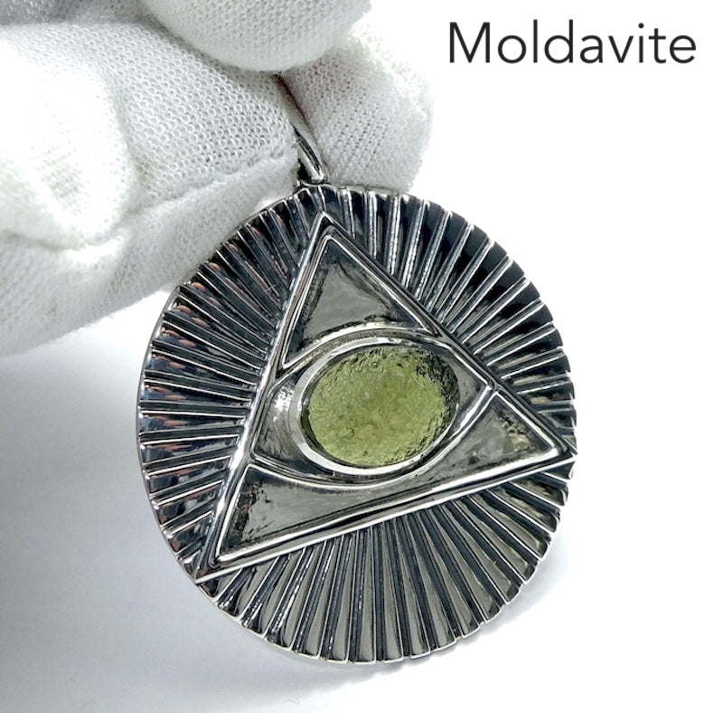 Moldavite Pendant | Raw Natural Moldavite Nugget | Solar Disc | Pyramid | 925 Sterling Silver  | 3rd Eye Open and Control | Natural Green Obsidian | CZ Republic | Intense Personal Heart Transformation | Scorpio Stone | Genuine Gems from Crystal Heart Melbourne Australia since 1986