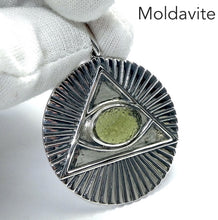 Load image into Gallery viewer, Moldavite Pendant | Raw Natural Moldavite Nugget | Solar Disc | Pyramid | 925 Sterling Silver  | 3rd Eye Open and Control | Natural Green Obsidian | CZ Republic | Intense Personal Heart Transformation | Scorpio Stone | Genuine Gems from Crystal Heart Melbourne Australia since 1986