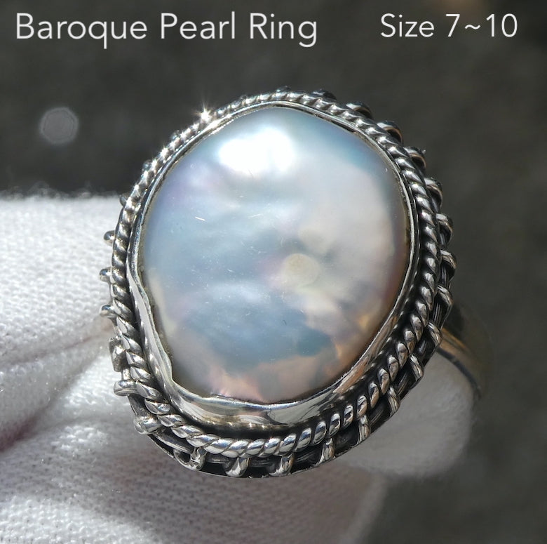 Baroque Pearl Ring| 925 Sterling Silver | Detailed Bezel setting  | Lovely Lustre | Bezel set with open back | US Ring Size 7 to 10 | Genuine Gems from Crystal Heart Melbourne Australia since 1986
