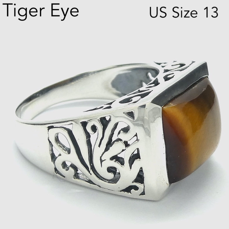 Tiger Eye Ring | Large finger Size | Oblong Cabochon | Mens Signet Style | 925 Sterling Silver | US Size 13 | Heavy Silver | Celtic Fretwork | Focus |  Leo | Genuine Gems from Crystal Heart Australia since 1986