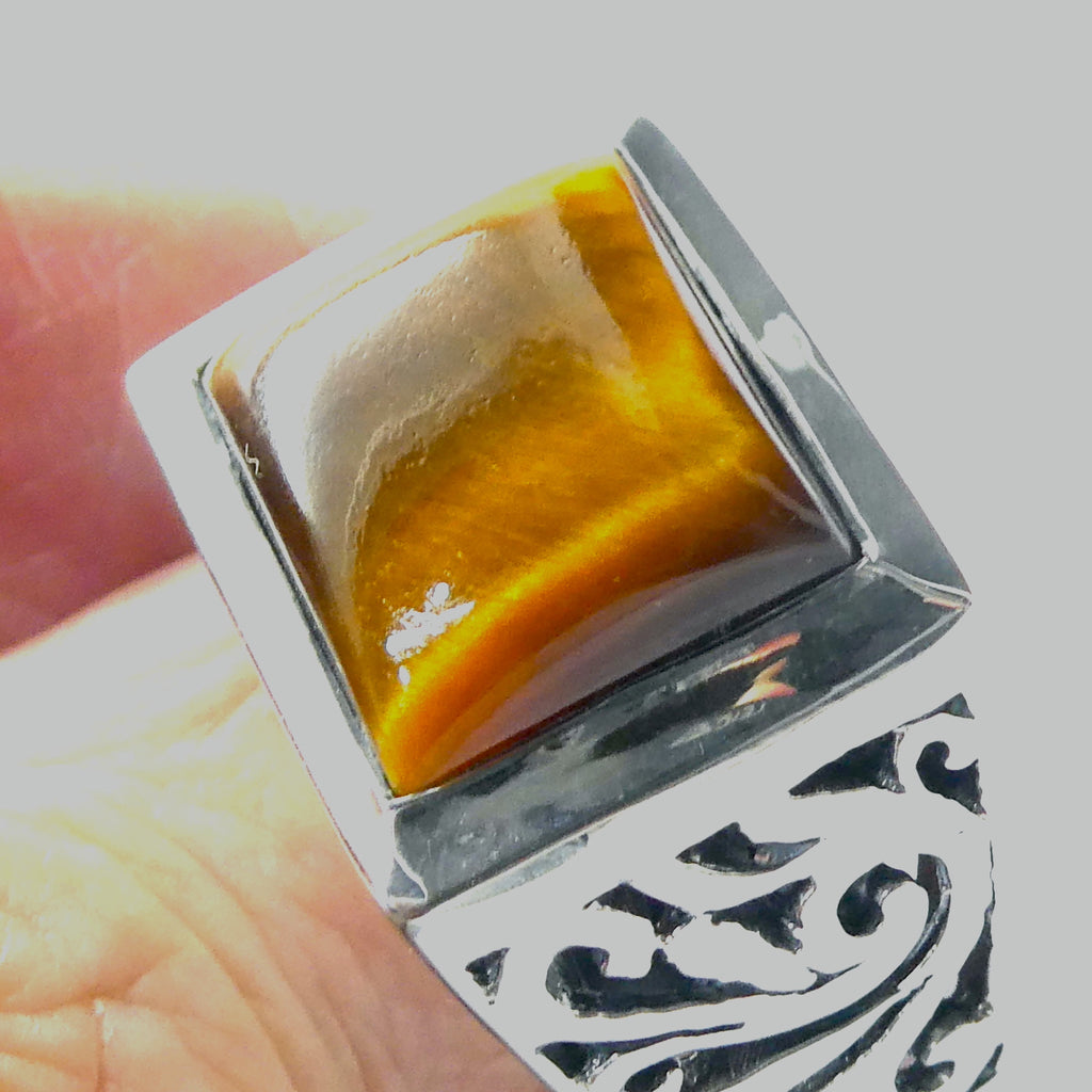  Tiger Eye Ring | Large finger Size | Oblong Cabochon | Mens Signet Style | 925 Sterling Silver | US Size 13 | Heavy Silver | Celtic Fretwork | Focus |  Leo | Genuine Gems from Crystal Heart Australia since 1986
