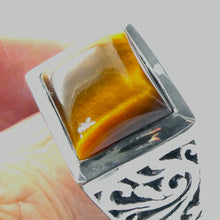 Load image into Gallery viewer,  Tiger Eye Ring | Large finger Size | Oblong Cabochon | Mens Signet Style | 925 Sterling Silver | US Size 13 | Heavy Silver | Celtic Fretwork | Focus |  Leo | Genuine Gems from Crystal Heart Australia since 1986