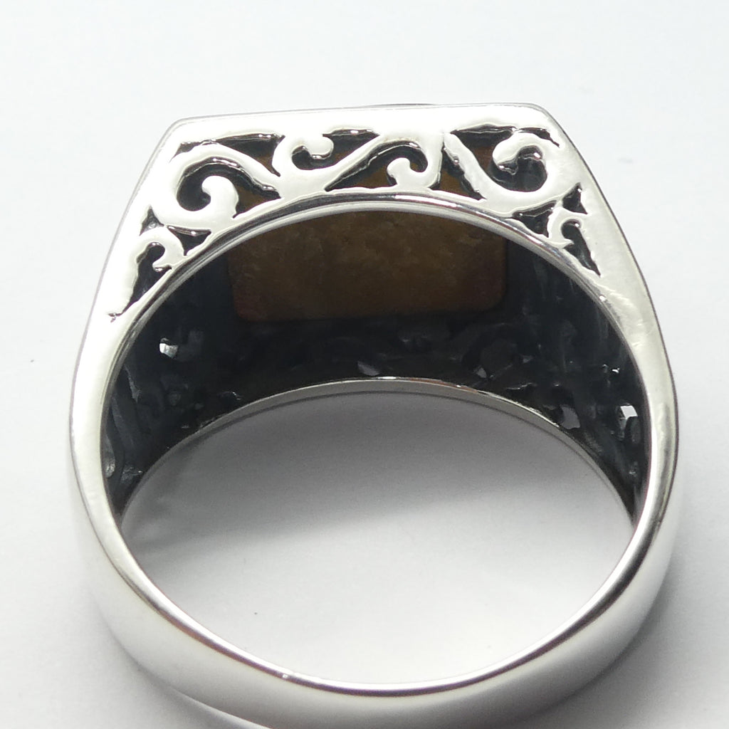 Tiger Eye Ring | Large finger Size | Oblong Cabochon | Mens Signet Style | 925 Sterling Silver | US Size 13 | Heavy Silver | Celtic Fretwork | Focus |  Leo | Genuine Gems from Crystal Heart Australia since 1986
