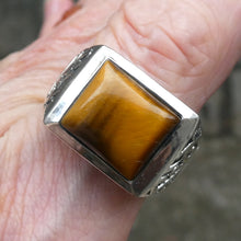 Load image into Gallery viewer, Tiger Eye Ring | Large finger Size | Oblong Cabochon | Mens Signet Style | 925 Sterling Silver | US Size 13 | Heavy Silver | Celtic Fretwork | Focus |  Leo | Genuine Gems from Crystal Heart Australia since 1986