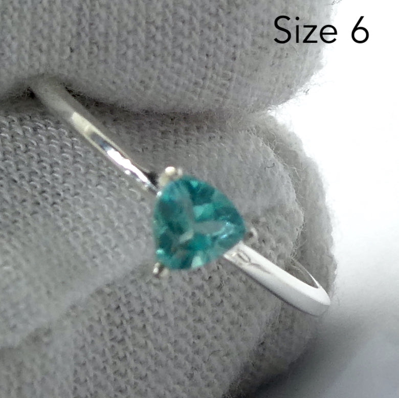 Neon Blue Apatite Ring | Faceted Trilliants | Dainty Solitaire Style | 925 Sterling Silver | Simple Setting | US Size 6 7 8 9 | Genuine Gems from  Crystal Heart Melbourne Australia since 1986