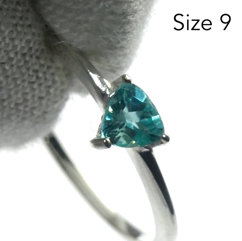 Neon Blue Apatite Ring | Faceted Trilliants | Dainty Solitaire Style | 925 Sterling Silver | Simple Setting | US Size 6 7 8 9 | Genuine Gems from  Crystal Heart Melbourne Australia since 1986