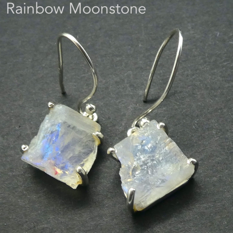 Natural Rainbow Moonstone Earrings | Raw Uncut Nuggets | Good Transparency with Blue Flashes | 925 Sterling Silver |  Cancer Libra Scorpio Stone | Genuine Gems from Crystal Heart Melbourne Australia 1986