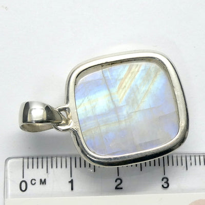 Natural Rainbow Moonstone Pendant | Square Cabochon | 925 Sterling Silver | Bezel Set | Open Back | Strong Blue Flash | Golden Path | Emotional Liberation | Genuine Gems from Crystal Heart Melbourne Australia 1986