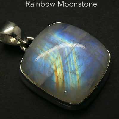Natural Rainbow Moonstone Pendant | Square Cabochon | 925 Sterling Silver | Bezel Set | Open Back | Strong Blue Flash | Golden Path | Emotional Liberation | Genuine Gems from Crystal Heart Melbourne Australia 1986