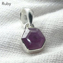 Load image into Gallery viewer, Ruby Pendant | Small but perfect faceted hexagonal slice of natural Ruby Crystal showing internal structure | Pinkish Red | 925 Sterling Silver | Claw set | Genuine Gems from Crystal Heart Melbourne Australia  since 1986