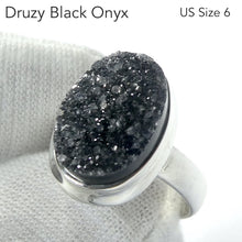 Load image into Gallery viewer, Druzy Black Onyx Ring | 925 Sterling Silver Setting | US Size 6 | AUS Size L1/2 | Empowering and protective  with tiny Quartz Crystal Sparkling like Stars in the Night Sky | Dazzling | Genuine Gems from Crystal Heart Melbourne Australia since 1986