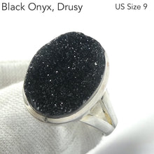 Load image into Gallery viewer, Druzy Black Onyx Ring | 925 Sterling Silver Setting | US Size 9 | AUS Size R1/2 | Empowering and protective  with tiny Quartz Crystal Sparkling like Stars in the Night Sky | Dazzling | Genuine Gems from Crystal Heart Melbourne Australia since 1986