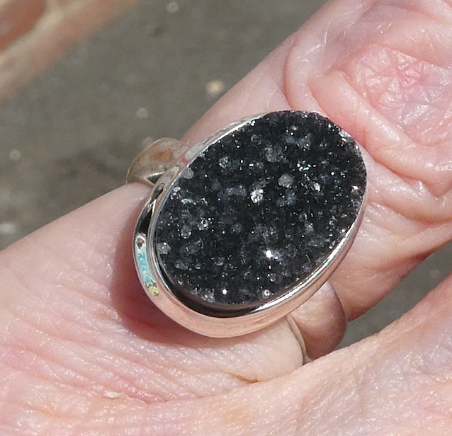 Druzy Black Onyx Ring | 925 Sterling Silver Setting | US Size 6 | AUS Size L1/2 | Empowering and protective  with tiny Quartz Crystal Sparkling like Stars in the Night Sky | Dazzling | Genuine Gems from Crystal Heart Melbourne Australia since 1986