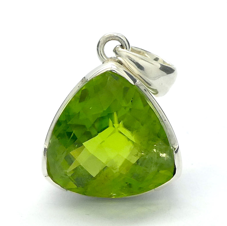 Peridot Pendant | Very Large Faceted Trilliant | A Grade | 925 Sterling Silver | Quality Setting | open back with double bezel | Leo Stone | Genuine Gemstones from Crystal Heart Melbourne Australia since 1986