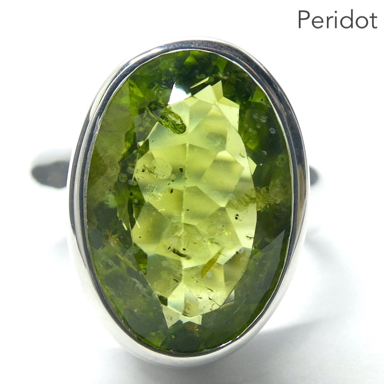 Peridot Ring, Large Faceted Oval, Size 7.75, Fine Sterling Silver