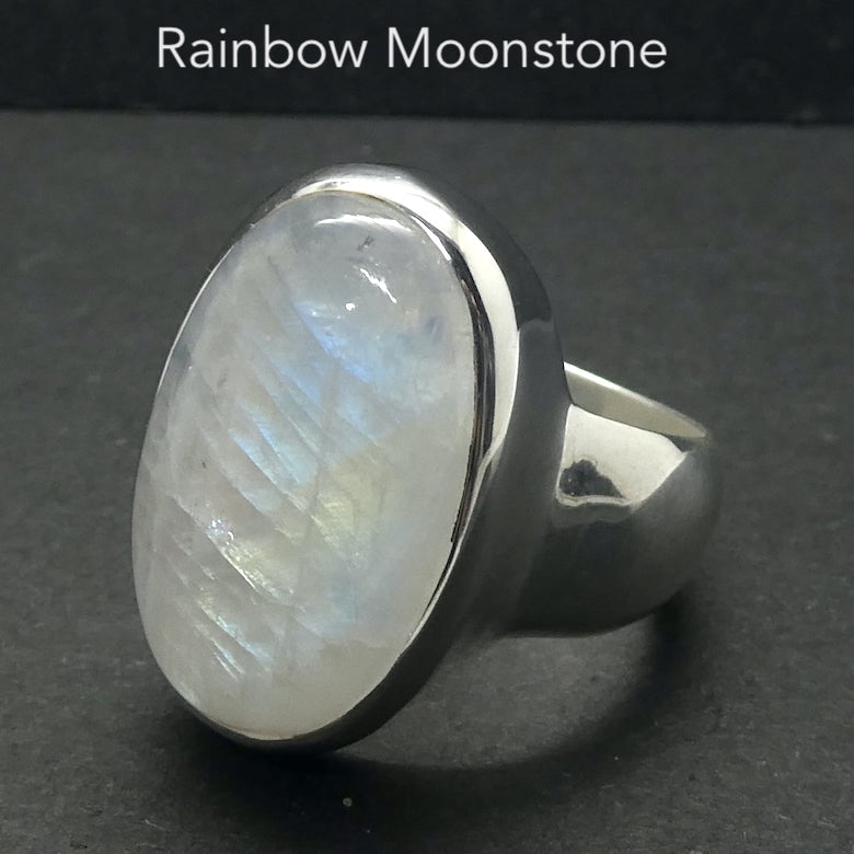 Moonstone Ring, Large Cabochon Oval, US Size 9.5, Fine Sterling Silver