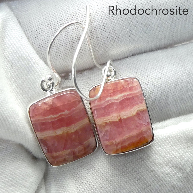 Rhodochrosite  Earrings | Nice Salmon Pink | White curved lines | good translucence | 925 Sterling Silver Setting with open back | Deep compassion, wish fulfillment | Genuine Gems from Crystal Heart Melbourne Australia since 1986
