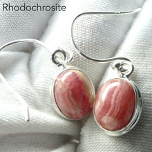 Load image into Gallery viewer, Rhodochrosite  Earrings | Nice Salmon Pink | White curved lines | good translucence | 925 Sterling Silver Setting with open back | Deep compassion, wish fulfillment | Genuine Gems from Crystal Heart Melbourne Australia since 1986