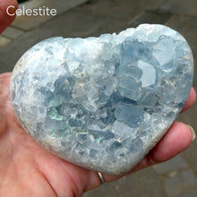 Load image into Gallery viewer, Celestite Cluster | Madagascar | Nice colour &amp; crystal formation | Shaped into a Heart | Gemini | Relax Clarify Mind | Open Higher Communication | AKA Celestine or Celestina | Genuine Gems from Crystal Heart Melbourne Australia since 1986