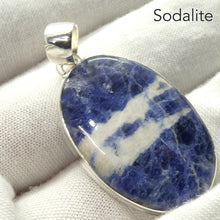 Load image into Gallery viewer, Sodalite Pendant | Oval Cabochon | 925 Sterling Silver | Bezel Set | Open Back | Mental balance and enlightenment | Sagittarius | Genuine Gems from Crystal Heart Melbourne Australia since 1986