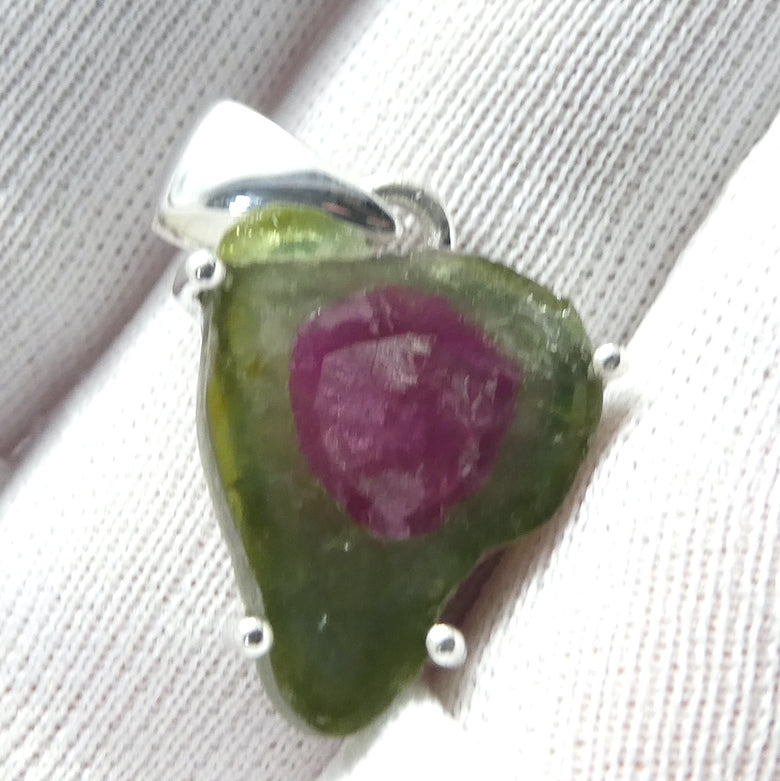 Watermelon Tourmaline Pendant | polished Slice | Good colour and definition | 925 Sterling Silver  | Claw set with open back | Star Stone Virgo Gemini Libra Taurus | Genuine Gems from Crystal Heart Melbourne Australia since 1986