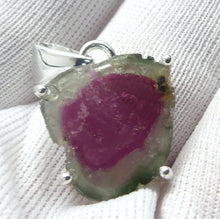 Load image into Gallery viewer, Watermelon Tourmaline Pendant | polished Slice | Good colour and definition | 925 Sterling Silver  | Claw set with open back | Star Stone Virgo Gemini Libra Taurus | Genuine Gems from Crystal Heart Melbourne Australia since 1986