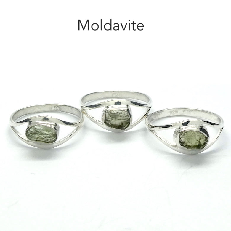 Moldavite Ring | Small Raw Nuggets | 925 Sterling Silver | Open back | US Size 5.5 or 6 | Green Obsidian |  CZ Republic | Intense Personal Heart Transformation | Scorpio Stone | Genuine Gems from Crystal Heart Melbourne Australia since 1986