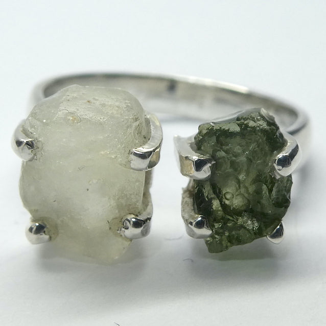 Moldavite Ring with Libyan Glass, 925 Sterling Silver