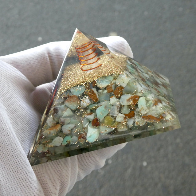 Orgonite Pyramid  | Chrysoprase Chips | Clear Crystal Point conduit in Copper Spiral | Vibrant Energy | Uplift | Psychic Healing | Accumulate Orgone Energy | All Round Healing | Genuine Gems from Crystal Heart Melbourne Australia since 1986